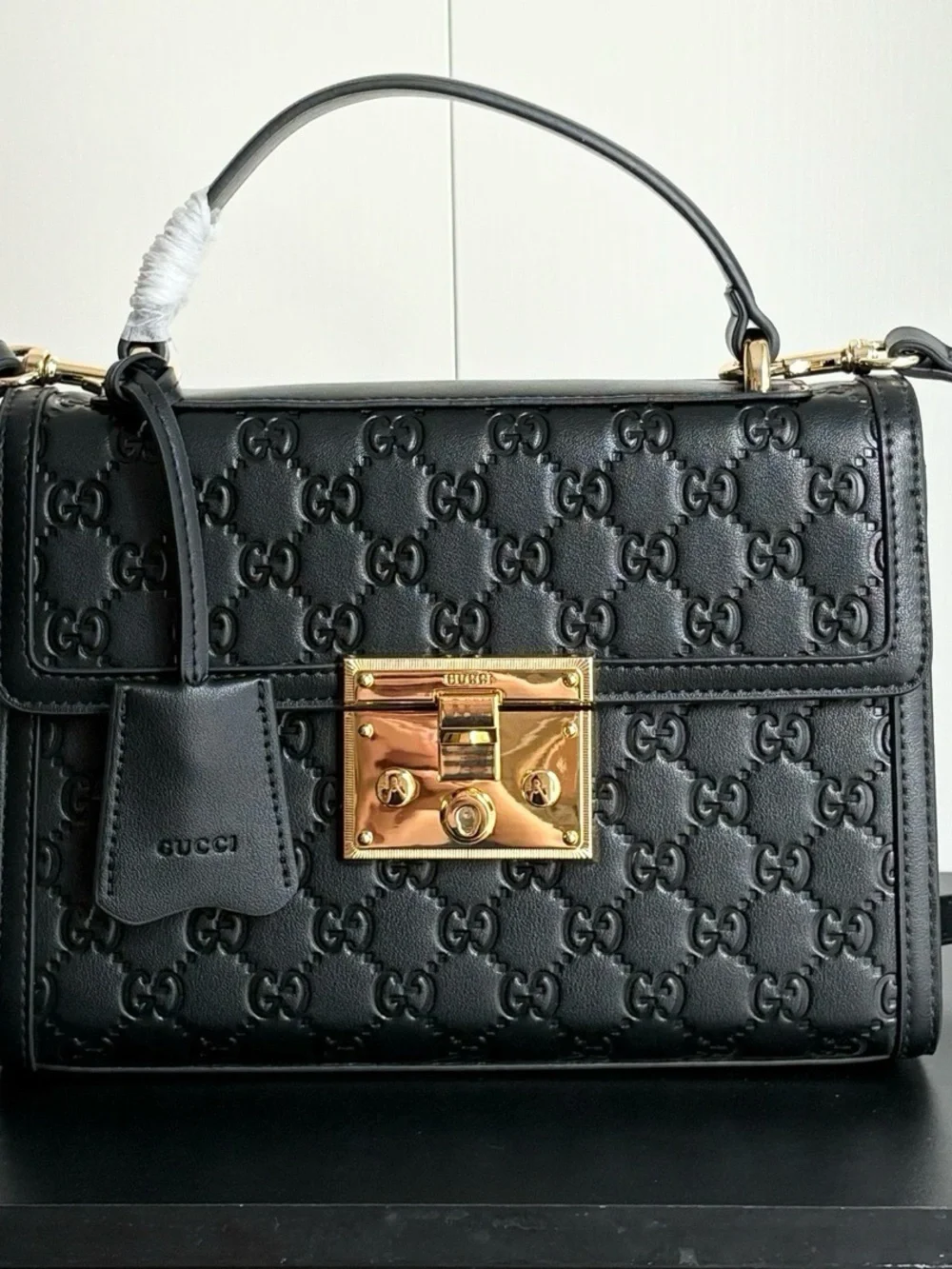 Gucci Black Embossed Leather Top Handle Satchel with Gold Hardware
